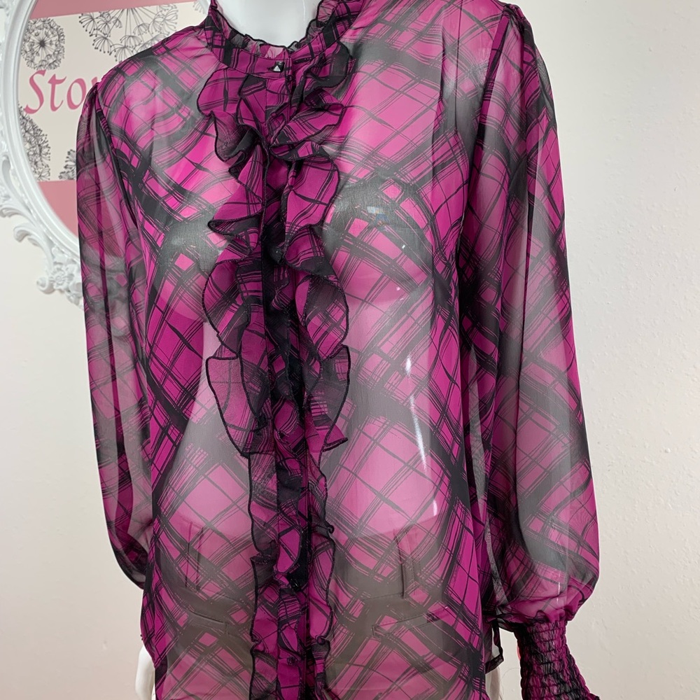 Dialogue / Ruffled Purple Black Button Up Blouse - Picture 2 of 8